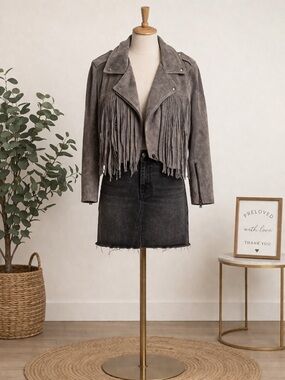 BLANKNYC Suede Fringe Moto Jacket XS Taupe Cropped Western Biker